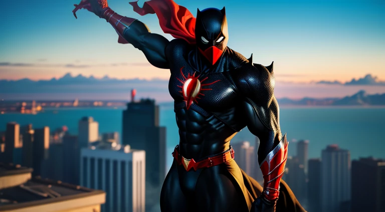 Spawn Comic book style black man superhero standing on top of a building looking down on the city