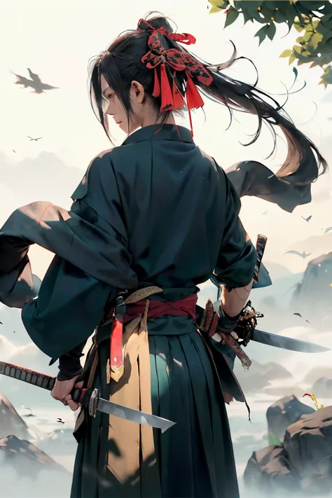 ,arma, 1girl in, length hair,male focus, knifes, solo back view、komono, Weapons to hold, knifes, The sword, scabbard, , , long-sleeve, , haori, , hakama, kimono, scabbard,full bodyesbian, Back view
,