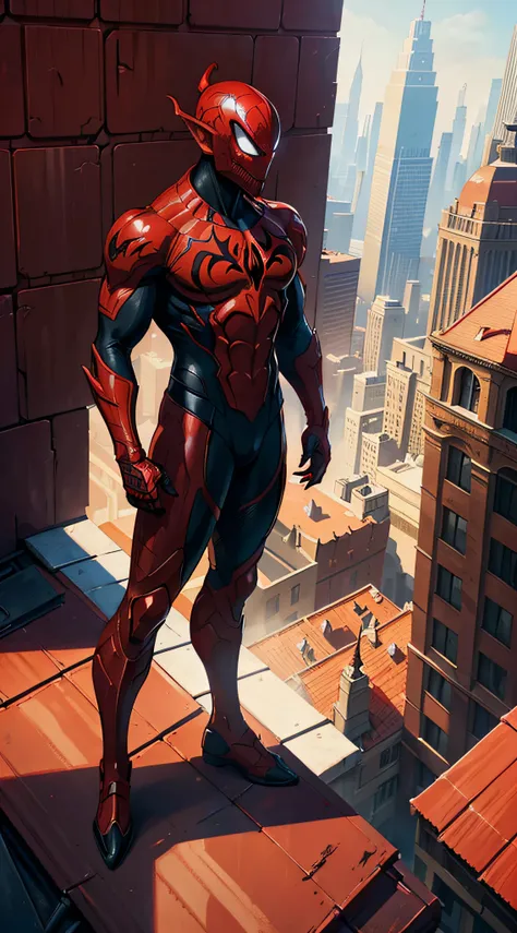 (red Venom male), (red symbiote suit), (red color), ((pointy ears)), standing on a roof of the scyscraper, sunlight, sunny day, intricate, high detail, sharp focus, dramatic, photorealistic painting art by greg rutkowski