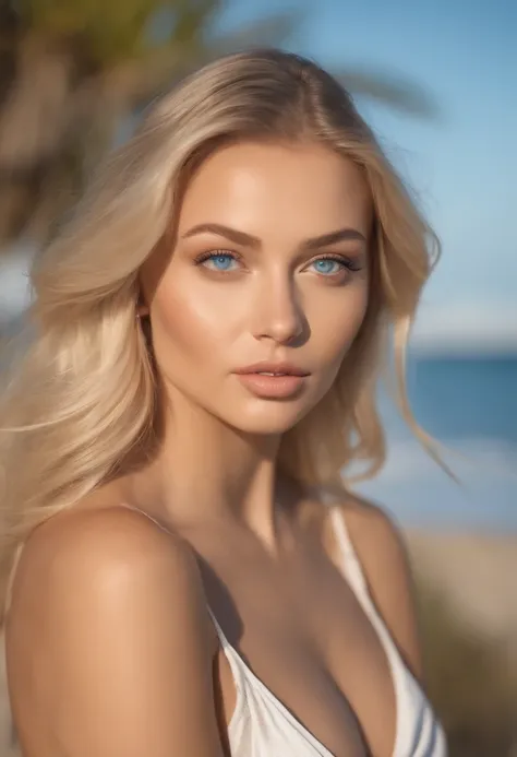 A poised and alluring woman with captivating blue eyes, resembling the ultra-realistic Sophie Mudd. Blonde girl, She wears natural makeup, exudes a sexy charm bikini outfit, blonde hair color and poses in beach setting with a prominent bust.