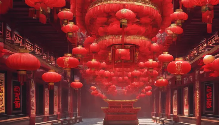 Very beautiful red lantern 3D，Lots of lanterns，Chinese New Year scene，Large depth of field perspective，No construction，Vivid effects and details，Excellent picture quality，A high resolution