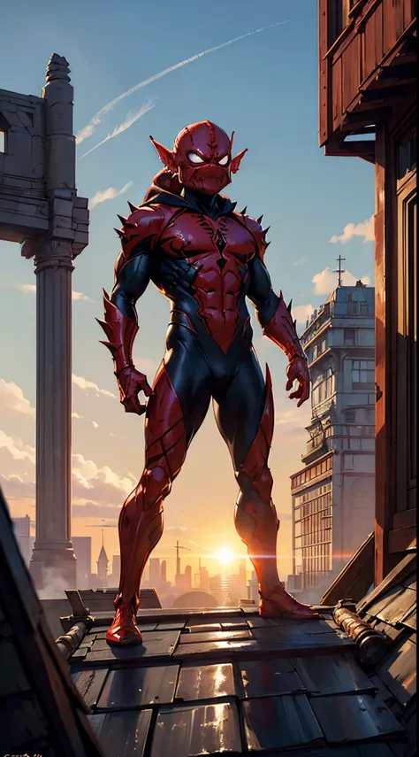 (((fully red))) symbiote suit, venom, small boy, ((pointy ears)), ((goblin head)), tail, standing on a roof of the scyscraper, sunlight, sunny day, intricate, high detail, sharp focus, dramatic, photorealistic painting art by greg rutkowski