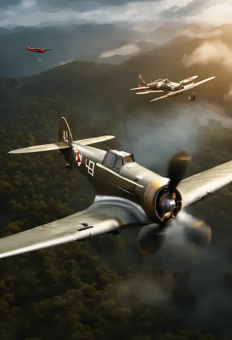 Chengdu air raid scene in 1940，Ki-21-Ia 97 heavy blaster，I-15bis，Unreal Engine5,Ray traching， motionblur, 电影灯光, hyper HD, Best quality, high detal