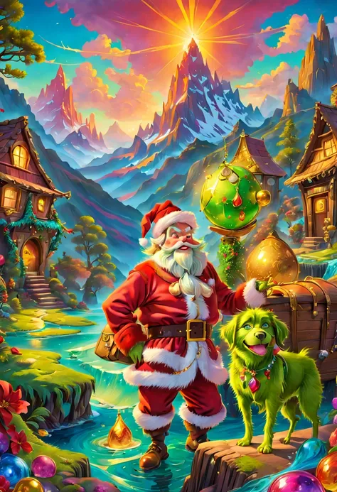 The Grinch is exploring，Wearing Santa Claus&#39;s Clothes，With dogs，hole in the mountains，flowingwater，treasure chests，jewely，(traditional art, illustratio, Exquisite、Best quality、ultra - detailed、nice、Positioning details，RGB color, Surrealism, Luminism, G...