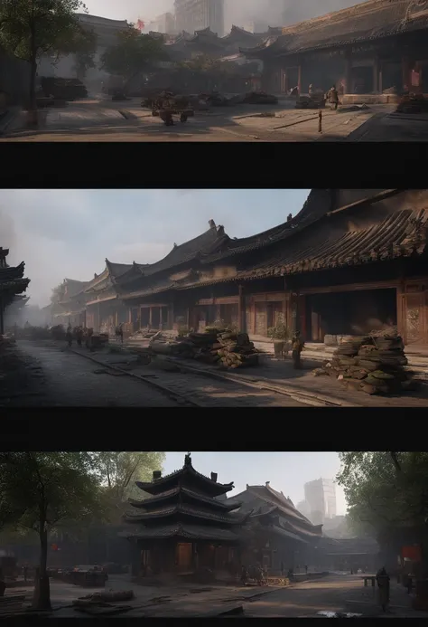 Urban scenes of Chengdu being bombed in 1940，Unreal Engine5,Ray traching， motionblur, 电影灯光, hyper HD, Best quality, high detal