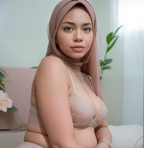 pregnant malay girl wearing hijab lying in hospital bed, wearing pastel blue underwear, bra and panties only, hospital ward background, spread leg open, RAW photo, best quality, masterpiece, high detail RAW color photo, malay girl, professional photograph,...