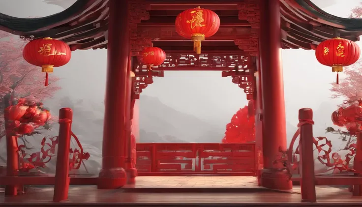 Very beautiful red lantern 3D，Lots of lanterns，Chinese New Year scene，Large depth of field perspective，There are no buildings，Chinese dreamland，Dreamism，Vivid effects and details，Excellent picture quality，A high resolution