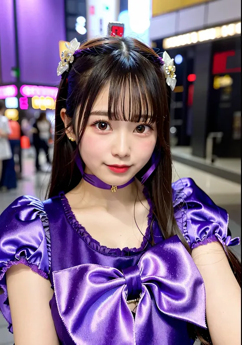 Asian girl in arafe with purple dress and purple ribbon, chiho, Belle Delphine, shikamimi, sakimichan, 奈良美智, cute kawaii girl, loli in dress, hime-cut, juri misaki, rei hino as a princess, cutecore, Young Gravure Idol