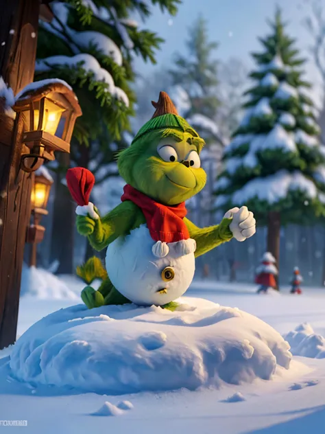 (Grinch in the snow, Make a snowman, Snowy forest wonderland with street lights), (4K, 8K, extreme hight detail, Super quality, k hd, k hd, HighDynamicRange, HighDynamicRange, octaneratingrendering, tmasterpiece, Best quality at best, Colorful, 8k wallpape...