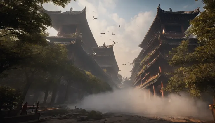 The urban scene of Chengdu being bombed in 1940，10,000 meters in the air，Above the clouds，3p.meter，Unreal Engine5,ray traycing， motionblur, 电影灯光, hyper HD, Best quality at best, high detal，（birds eyes view）