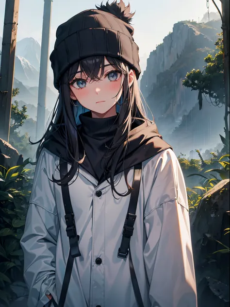 A teen girl smoking cigarette, wearing a beanie and oversize jacket, rainy jungle, fog, mountain, medium bust, upper body potrait, hiking, blushing face