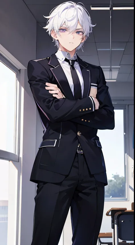 A man, solo, gantleman, wearing a High school uniform and black tie, white hair, purple eyes, badass, muscular, in classroom