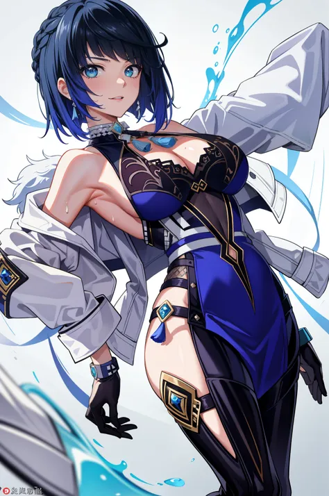 ​masterpiece, top-quality, Yelang V4, 1girl in, 独奏, looking at the viewers, red blush, A smile, large full breasts, gloves, doress, cleavage of the breast, jewely, verd s eyes, jaket, 耳Nipple Ring, hairarmpits, Fur trim, a blue dress, White jacket, tassels...