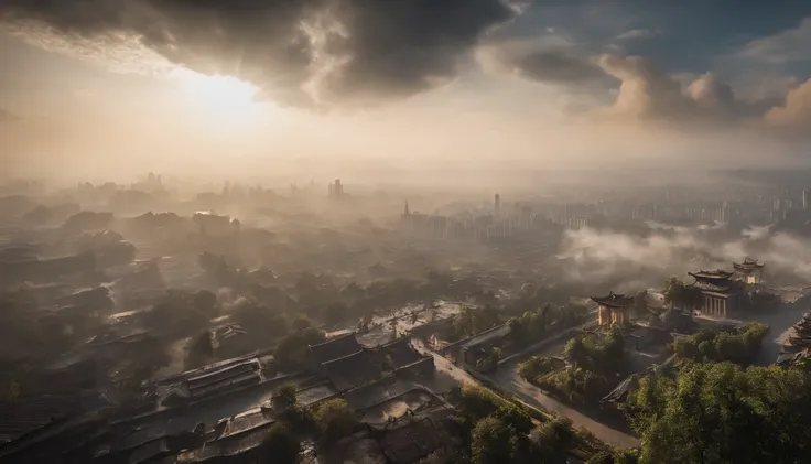 The urban scene of Chengdu being bombed in 1940，10,000 meters in the air，Above the clouds，Time 3pm，Unreal Engine5,Ray traching， motionblur, 电影灯光, hyper HD, Best quality, high detal，desktop sand table（birds eyes view）