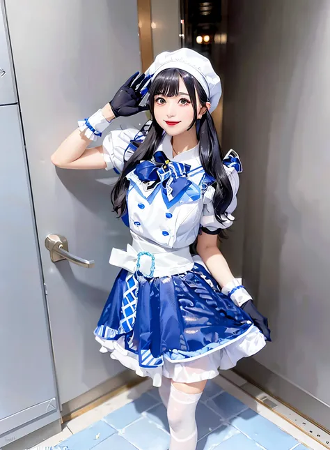 An arafe woman wearing a white and blue dress and hat, Anime girl cosplay, Sailor Uniform, anime girls in maid costumes, maid clothes, Kantai Collection Style, Anime Cosplay, azur lane style, anime maid ss military, sakimichan, Cosplay, cosplay of a catboy...