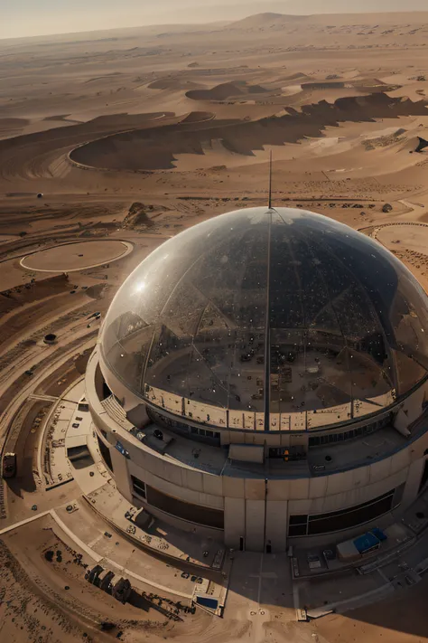 Bird&#39;s eye view of Mars，3 high-tech bases are under construction，the completed glass dome base is spread over a vast expanse of land，droid，starrysky，Building site details，super wide shot，High realism，lightand shade contrast，