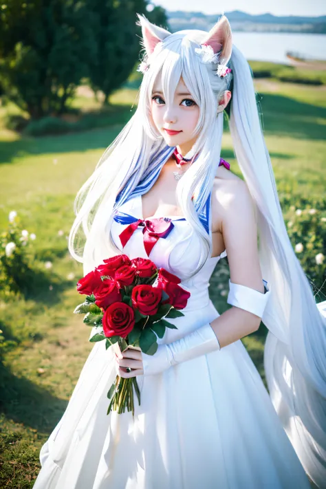 high-definition picture,three girls，1 wearing a white dress、there is a woman with red roses in her hair, anime cosplay, anime gi...