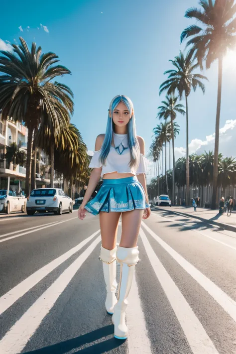 A beautiful young girl in a pearl-white mini skirt,long blue hair,a girl standing on the asphalt in long boots,behind splashes of water,palm trees,bright sun,clear skin detailing,clear focus,the best quality 8K,5D,