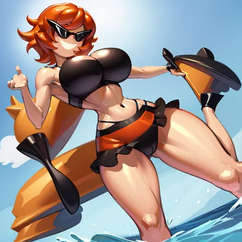 1girl, solo, sunnymiamitf, huge breasts, narrow waist, wide hips, Sunglasses, teeth, straight hair, short hair, orange hair, black strapless bikini, beach