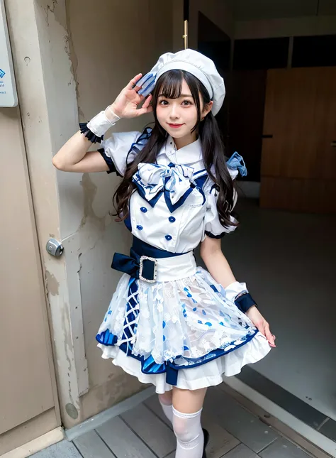 An arafe woman wearing a white and blue dress and a hat, Anime girl cosplay, Sailor Uniform, anime girls in maid costumes, maid clothes, Kantai Collection Style, Anime Cosplay, azur lane style, anime maid ss military, sakimichan, Cosplay, cosplay of a catb...