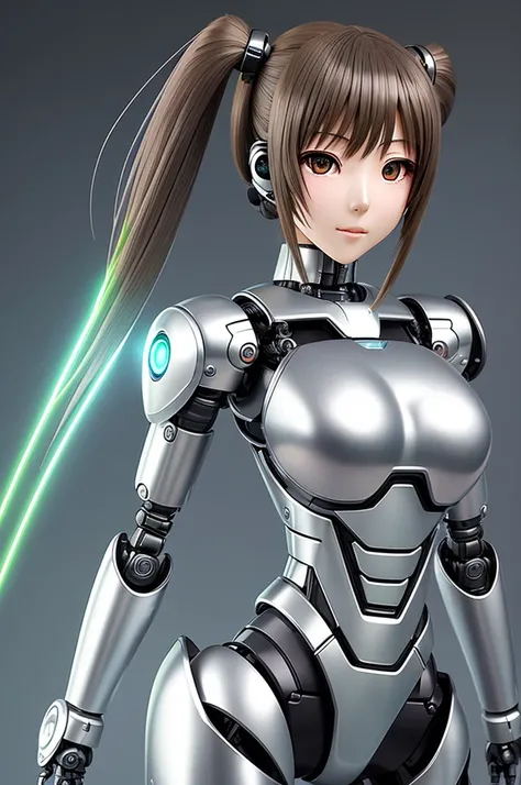 Anime-style art of a 39-year-old Japanese woman transformed into a robot、Silver metallic robot body、deadpan、Inorganic、Spherical joints、Mechanical Parts Ear、Glowing green eyes、Brown hair、Fetishes、poneyTail、Composition in which the whole body is visible