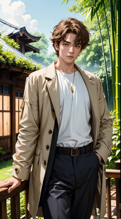 A man, short golden hair styled in an upward fashion, a tuft of hair bangs, a melancholic expression, sharp gaze, a playful smile, a two-piece fantasy-style Chinese outfit, a complexly layered white undershirt, a loose-knit outer coat, a yellow silk belt, ...