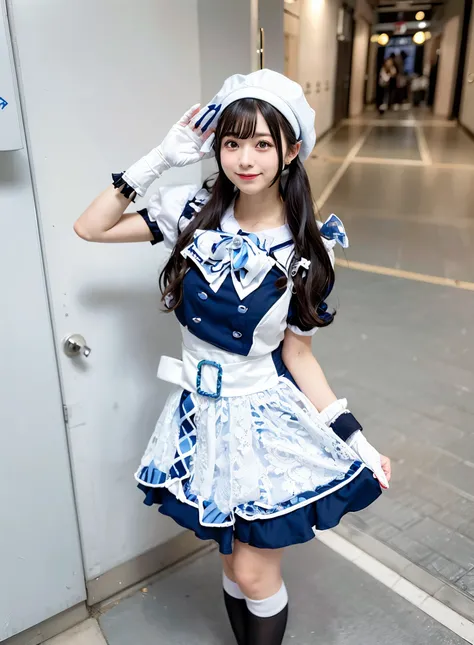 An arafe woman wearing a white and blue dress and a hat, Anime girl cosplay, Sailor Uniform, anime girls in maid costumes, maid clothes, Kantai Collection Style, Anime Cosplay, azur lane style, anime maid ss military, sakimichan, Cosplay, cosplay of a catb...