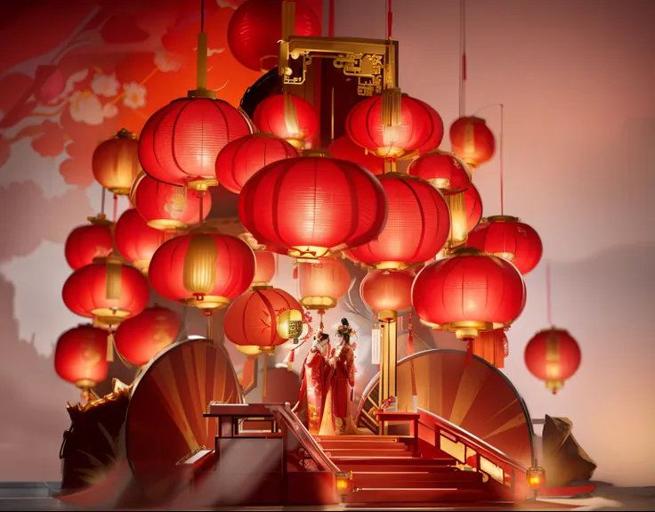 There is a woman standing on the red lantern stage, Red lanterns, rossdraws global illumination, chinese watercolor style, Chinese, author：Aya Aya, artwork in style of sheng lam, chinese lanterns, Celebrating Chinese New Year in Shanghai, G Liulian art sty...