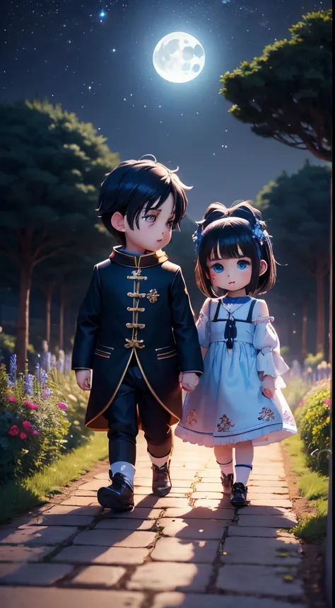 Characters: cute mini girl and cute mini boy, lovely couples, traditional dress, cute blue eyes, black hair, cute face, small chibi characters, 8k, 3D animation. Background: beautiful garden, road, trees, night, moon, stars.