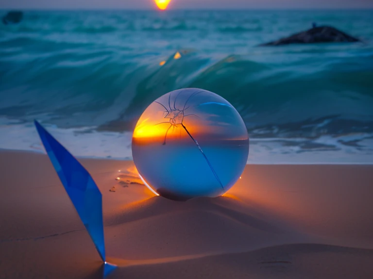 crystal ball, sunset, blue sea, metal wall