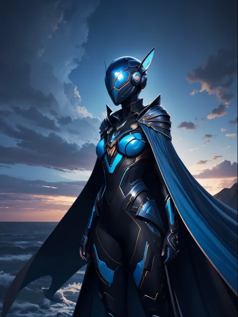 Digital painting of a beautiful chaotic scene of a 25 year old woman wearing futuristic insectoid beetle shell as clothing, cape, beautiful deep blue, dusk scene, clouds