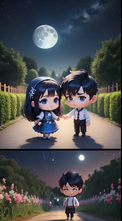 Characters: cute mini girl and cute mini boy, lovely couples, traditional dress, cute blue eyes, black hair, cute face, small chibi characters, 8k, 3D animation. Background: beautiful garden, road, trees, night, moon, stars.