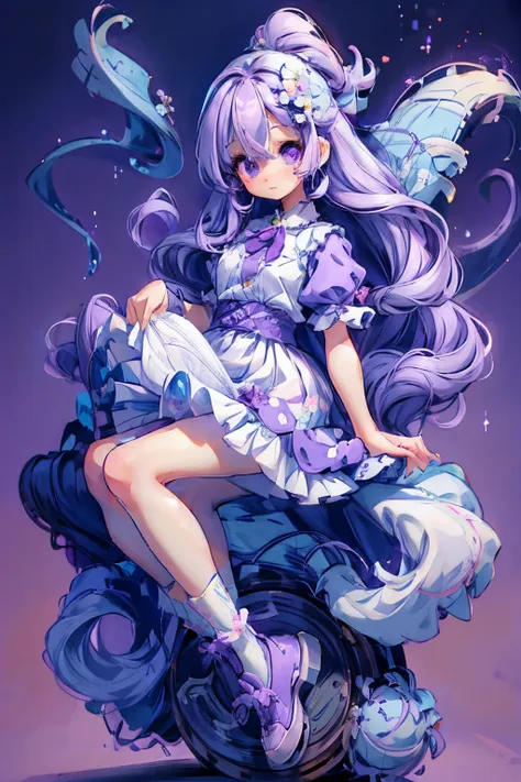 A girl with purple hair（1.1），Hair is fluffy and flowy（1.1），Big purple eyes（1.1），Cute face，Beautiful and delicate floral skirt，White cute socks，Cute and cute shoes，simple backgound