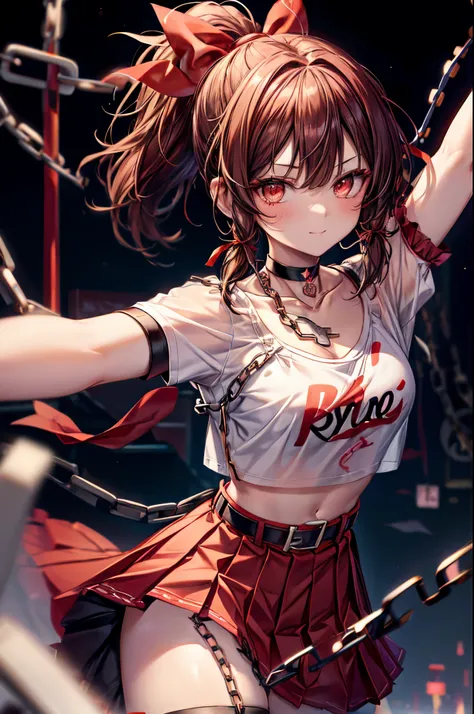 reimu hakurei at a rave, looking at the camera with an seductive smile, dancing, confident, nightclub, neon lights, brown hair, ...