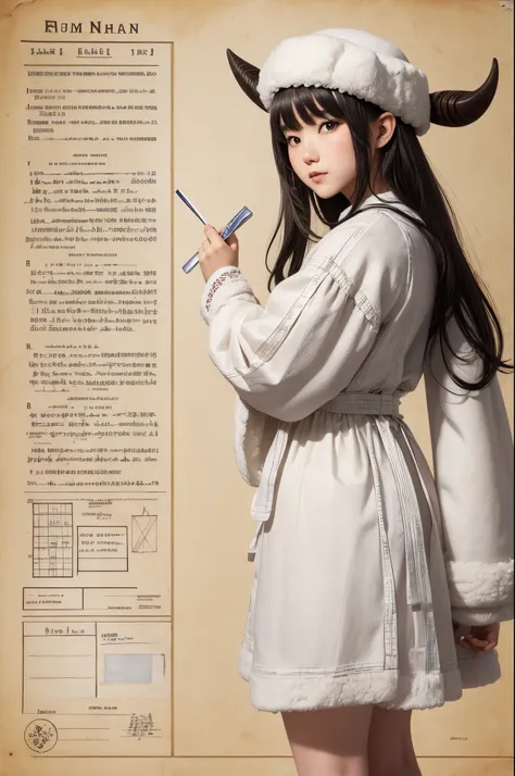 (On parchment paper character sheet)、FULL BODYSHOT、Long shot of a cute fluffy white humanoid sheep bandit、Old parchment paper character sheet Highly detailed photorealistic realistic sketch in 24k resolution、rough sketch、A mix of bold dark and loose lines、...