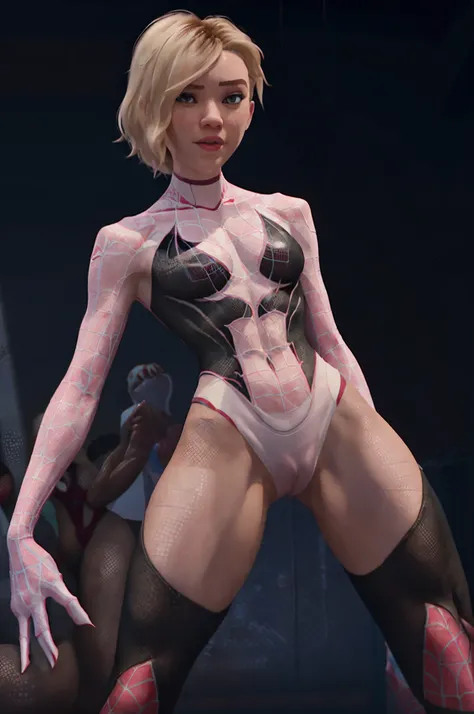 sgwen, spider-gwen, gwen stacy is gangraped group sex 1girl multiple boys explicit sexual scenes into the spiderverse rendering style, it looks like a scene from the movie, spider-verse movie animated style, yuri touching, cameltoe pussy lips squirt, lesbi...