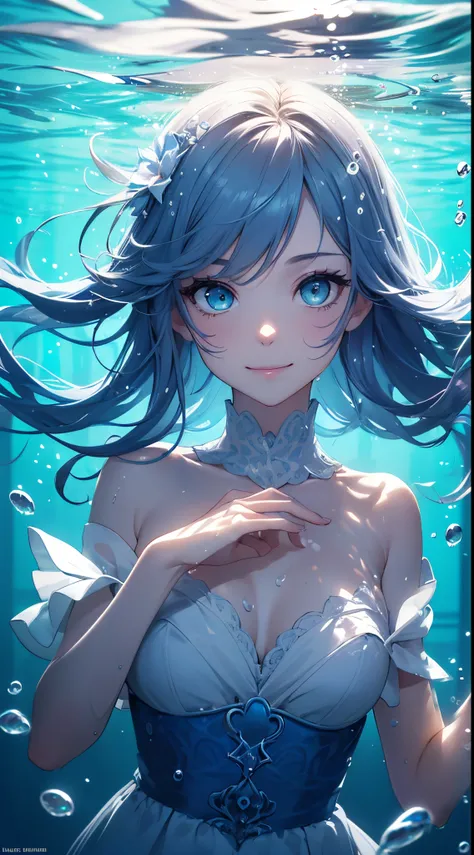 Long Light Blue Dark Color Hair,　blue eyess　White lace dress　Rose Garden　A smile　​masterpiece　Top image quality　Clear　cinematic shadow　Increased attractiveness of the eyes　Clear the shine of the eyes　Draw eyelashes neatly　Perfect Eye　A detailed eye　Sharpen...