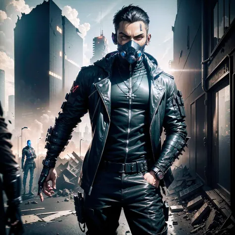 (anti-hero character), (1boy), (comics style), (avatar), (assassin), (cyberpunk), (steampunk), (black face mask), (hands in pockets), (Apocalypse background), (doomsday background), (World War III), (the building collapsed), (toned body), (cool pose), (mil...