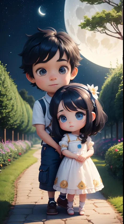 Characters: cute mini girl and cute mini boy, lovely couples, traditional dress, cute blue eyes, black hair, cute face, small chibi characters, 8k, 3D animation. Background: beautiful garden, road, trees, night, moon, stars.