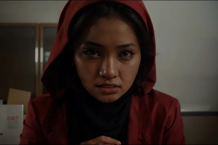 A malay girl in hijab and red pastel office suits in abandoned office, Super 8mm lense, Extreme close-up, High Contrast cinematography effect, Natural Lighting, Desaturate color grading, high quality, ultra detail, 8k resolution,