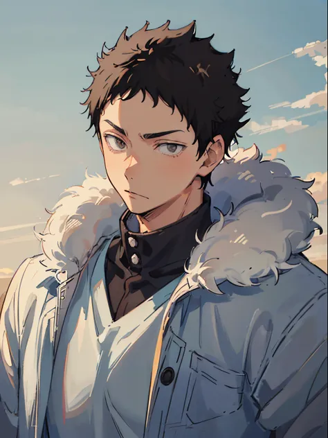 masterpiece, 1 man, iwaizumi, black hair, short hair, spiky hair, slightly tanned skin, manly, winter clothes, calm expression, solo focus, upper body, perfect face