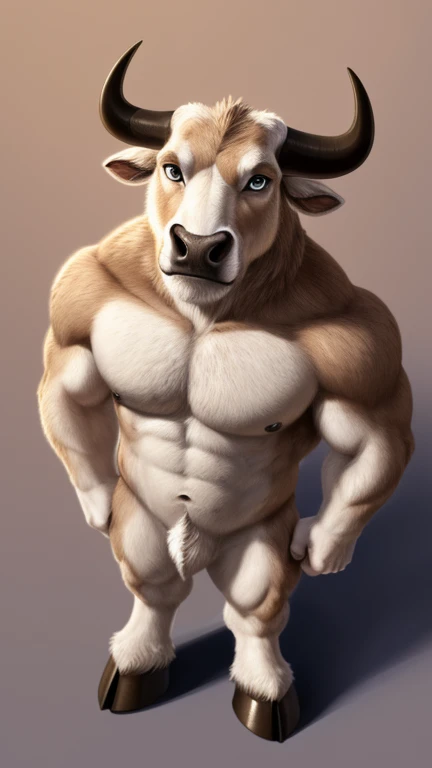 ((solo, full body perspective, looking at viewer)), male, anthro, ((bull-face, medium-length horns, muscled body, hooves, two-tone fur, brown and white furred body)), calm expression, grey eyes,