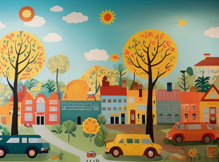 There is a mural of yellow cars and yellow trucks, author：Noi Kanjura, vibrant gouache painting scenery, Beautifully illustrated, Chuanghui Illustrations, author：Nandol Katona, In this painting, Colorful illustration, Dream illustration, by Jacques Camp, 🪔...