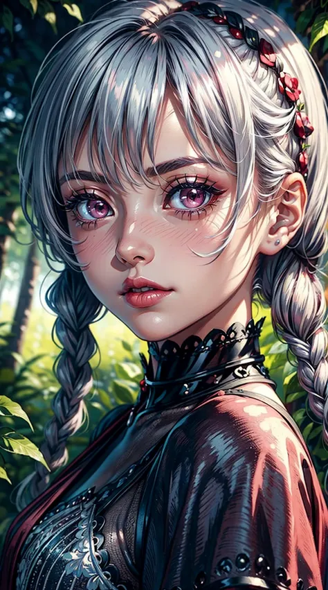 (masterpiece), best quality, expressive eyes, perfect face, upper body, beautiful face, mature woman, focused, beautiful eyes, crimson eyes, medium silver hair, small braids, elegant dress, magical forest background, front view, close up, pink lipstick, pi...