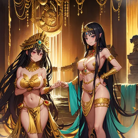 Aztec mythology、femele、She wears golden ornaments all over her body、Naked except for accessories、Bathe in a waterfall、Tezcatlipoca、large full breasts、Constricted hips、smiling with both hands on hips、long black hair that reaches down to the legs