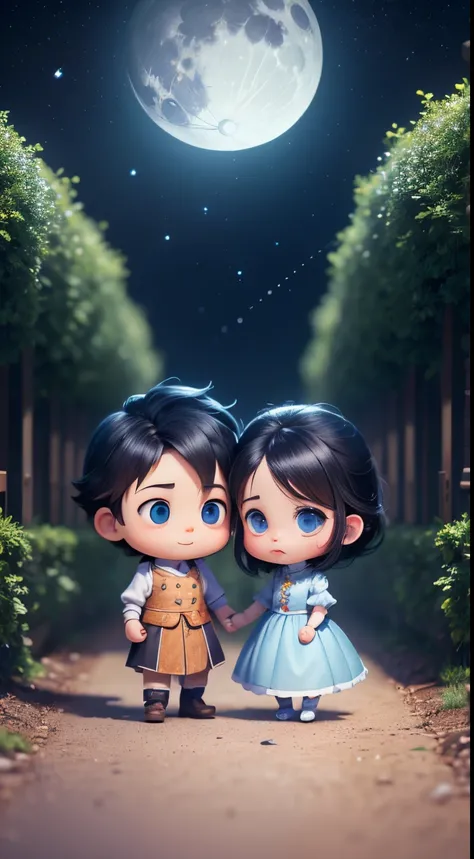 Characters: cute mini girl and cute mini boy, lovely couples, traditional dress, cute blue eyes, black hair, cute face, small chibi characters, 8k, 3D animation. Background: beautiful garden, road, trees, night, moon, stars.