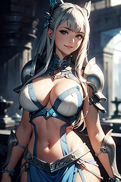 close up shot of a woman in a silver and blue dress, silver armor, large breasts, cleavage, exposed midriff, slender abs, chengwei pan on artstation, by Yang J, detailed fantasy art, stunning character art, smile