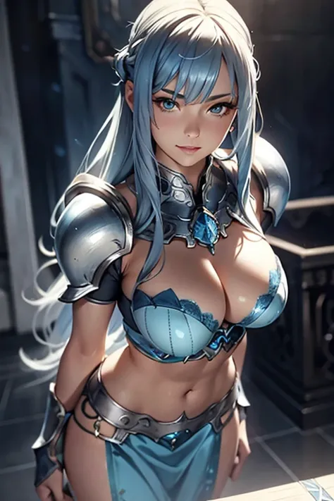 close up shot of a woman in a silver and blue dress, silver armor, large breasts, cleavage, exposed midriff, slender abs, chengwei pan on artstation, by Yang J, detailed fantasy art, stunning character art, smile