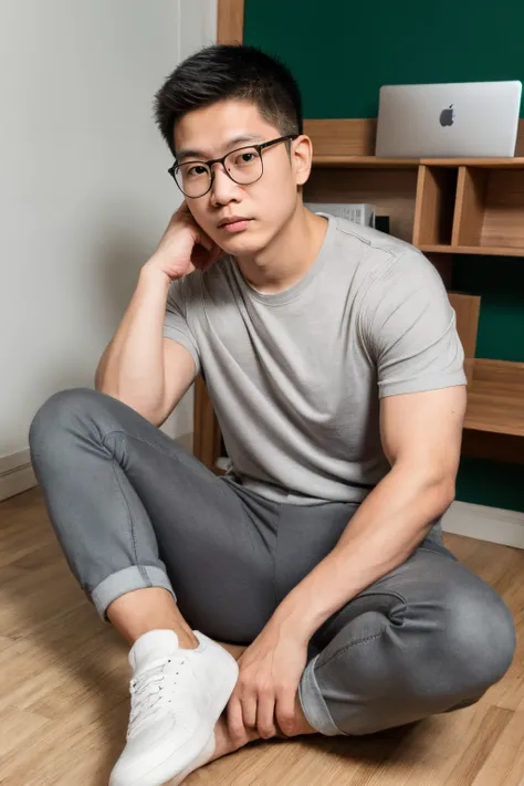 Andrew thomas huang, oval face, eyeglasses, neat muscular body, sitting, grey shirt, brown jeans, green sneakers, laptop, minimalis office