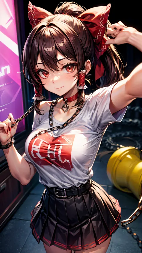 Reimu Hakurei at a rave, looking at the camera with an seductive smile, dancing, confident, nightclub, neon lights, Brown hair, brown_eyes:1.6, ((bangs, ponytail, red tubes on her bangs, red ribbon:1.3)), e-girl outfit:1.7, (((Eyeliner, Choker, tee top, ch...